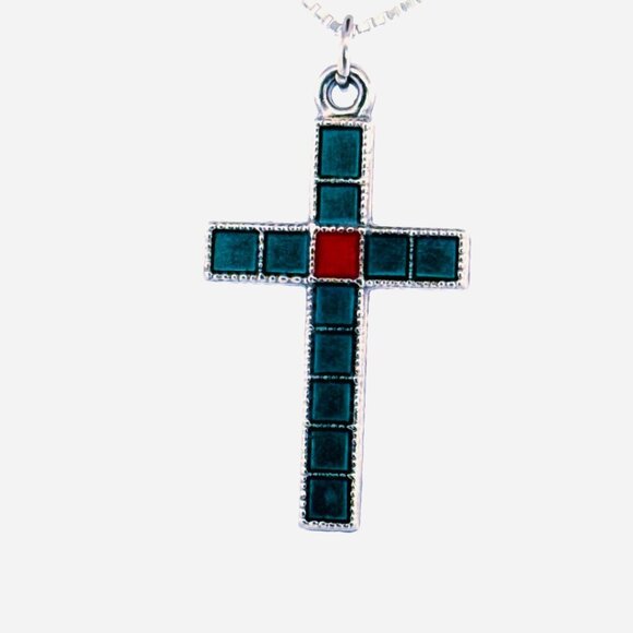 Sterling Silver 925 Cross Necklace Mosaic Inlay Pendant • 16” Italy Chain - Picture 1 of 12